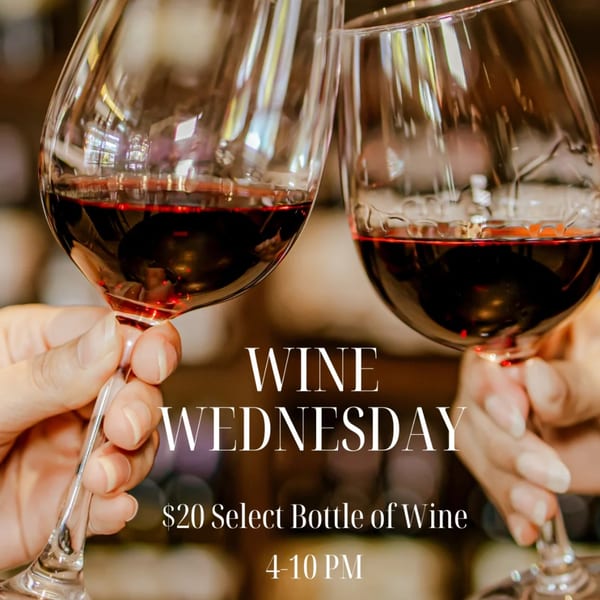 Two hands clinking wine glasses filled with red wine, celebrating "Wine Wednesday" at Frida's Mexican Cuisine.